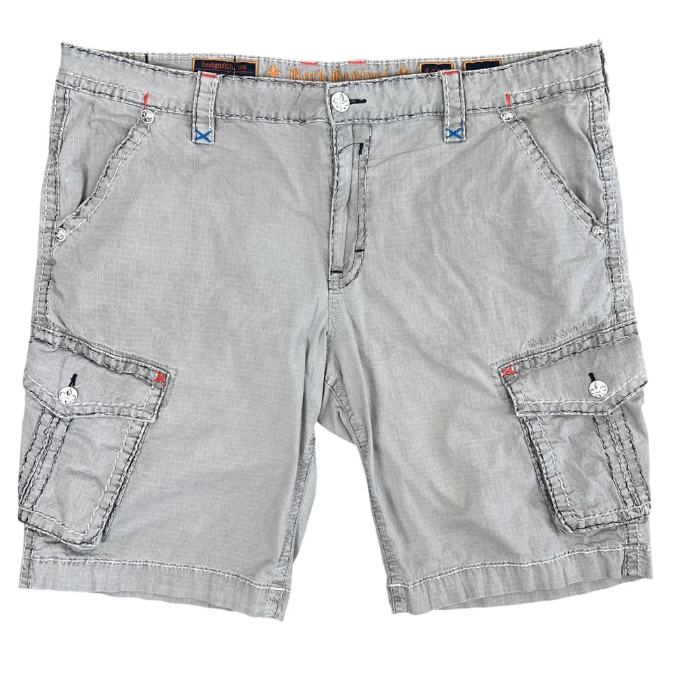 Rock Revival Mens Grey Ripstop Cargo Shorts Classic Heavy Stitch Embroidered 44